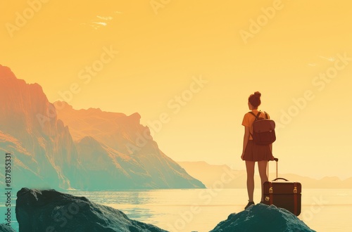Solo Traveler with Suitcase Overlooking Sunset