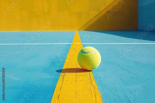 Tennis yellow ball, racket on the blue court photo