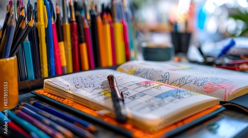 Colorful art supplies and sketches on a creative desk photo