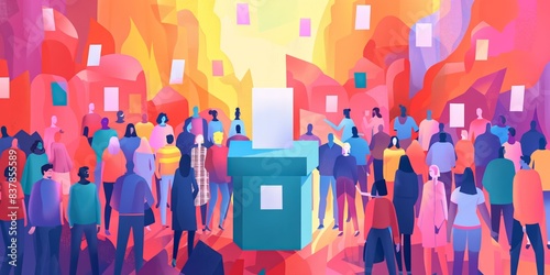 A vibrant artwork portrays a diverse crowd near a voting box, symbolizing democracy, unity, and civic engagement, promoting togetherness and equality