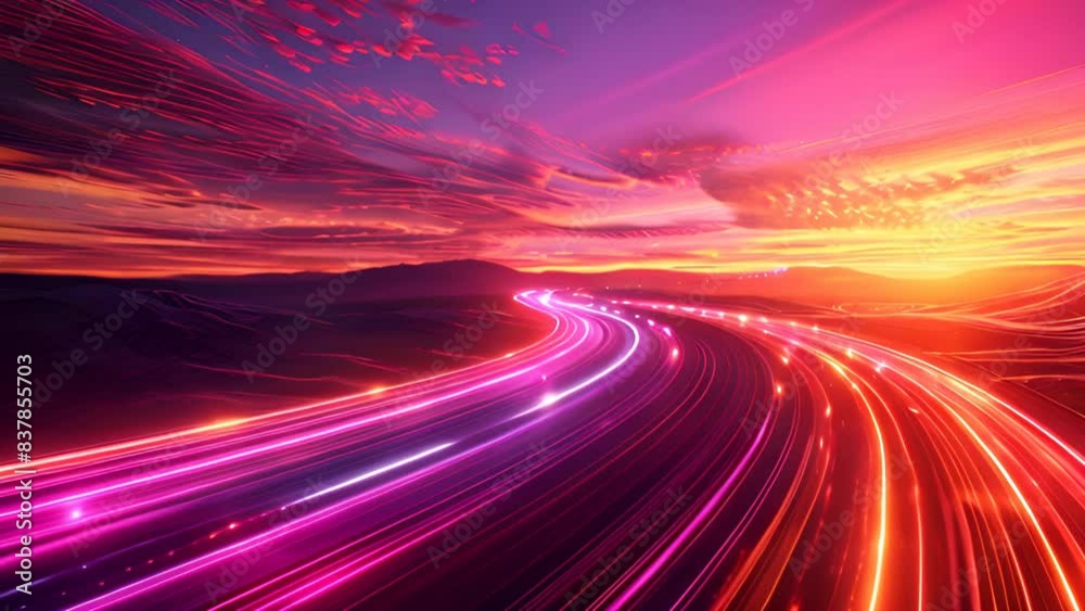 Conceptual, futuristic abstract background with fiber optic lighting line on beautiful landscape Conceptual, futuristic abstract background with fiber optic lighting line on beautiful landscape