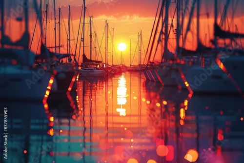 Yachts in marina at sunset, close up, focus on, copy space, vibrant colors, Double exposure silhouette with sailing masts