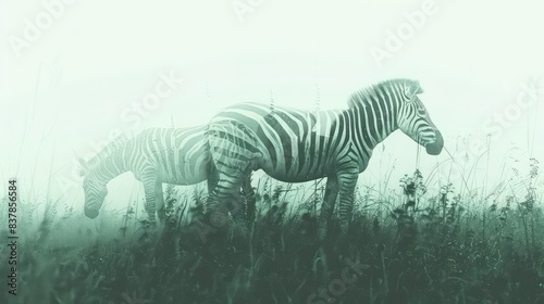 Zebras grazing in safari park, close up, focus on, copy space, lively shades, Double exposure silhouette with black and white stripes