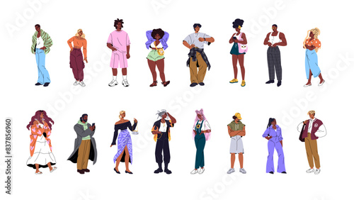 Different stylish african american people set. Black men and women wearing fashion clothes stand. Happy person in trendy outfit, modern look. Flat isolated vector illustrations on white background