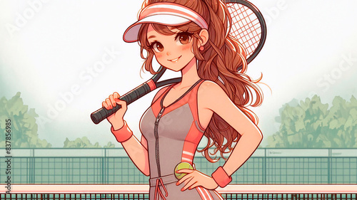 Illustration of a young woman in sportswear with a racket, tennis player character. Woman doing sports photo