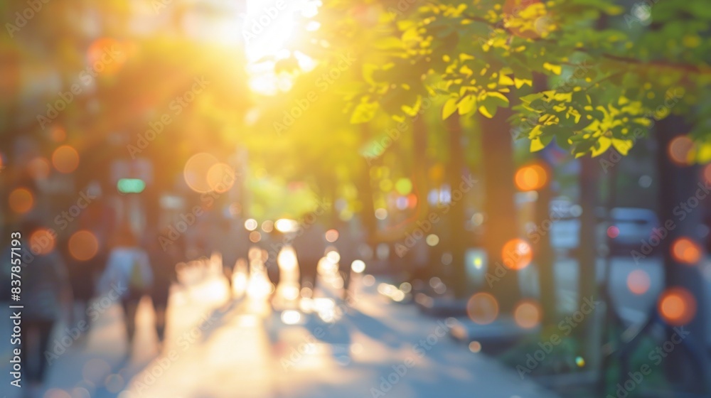 Fototapeta premium Golden hour city street. Blurred image of people walking on a city street at sunset, creating a warm and inviting atmosphere.