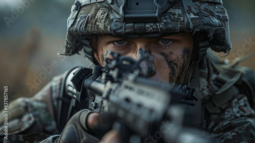 Frontline battle with a commando in military camouflage, ready for engagement