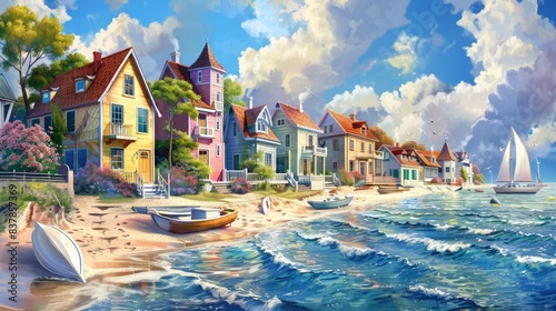 Summer village by the sea, sandy beaches, colorful cottages, boats, vibrant sky, calm waves, digital art, panoramic view, tranquil and inviting
