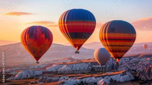 Vibrant hot air balloons floating over Cappadocias unique landscape, highlighting a captivating travel destination and wanderlust, isolated white background, copy space photo