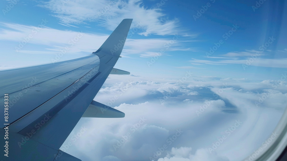 In-Flight Serenity: Airplane Wing and Tail Captured in Blue Skies – Journey, Overseas Adventures, Sky Exploration, Airplane Views