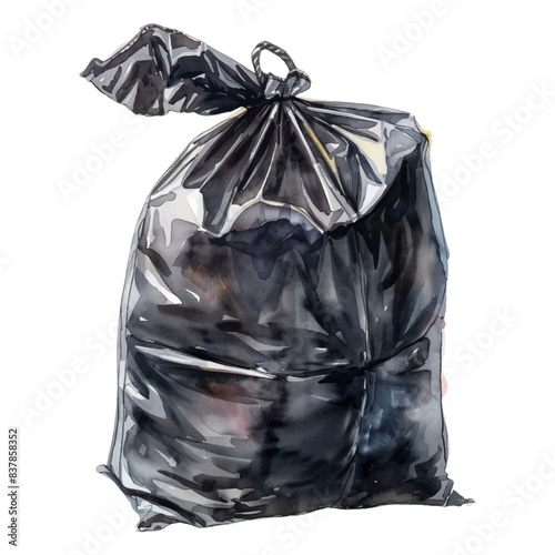 black garbage bag full and tied watercolor isolated white on background