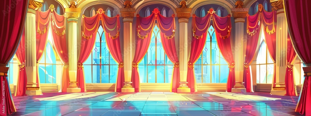 Fototapeta premium A ballroom in a medieval castle with stained glass windows, and rich decor.