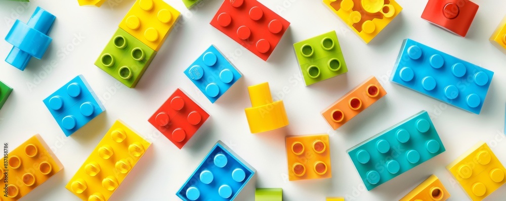 Vibrant collection of colorful building blocks arranged on a clean white surface Vibrant collection of colorful building blocks arranged on a clean white surface