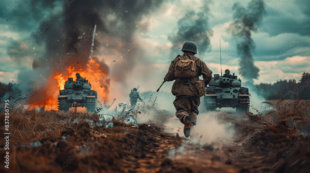 Historic military conflict with soldiers in uniform and armored vehicles Historic military conflict with soldiers in uniform and armored vehicles