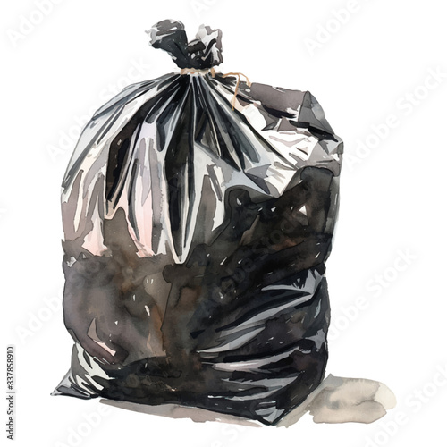 black garbage bag full and tied watercolor isolated white on background