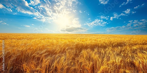 Vast golden wheat fields under a clear blue sky, showcasing the beauty of nature and a scenic landscape, isolated white background, copy space