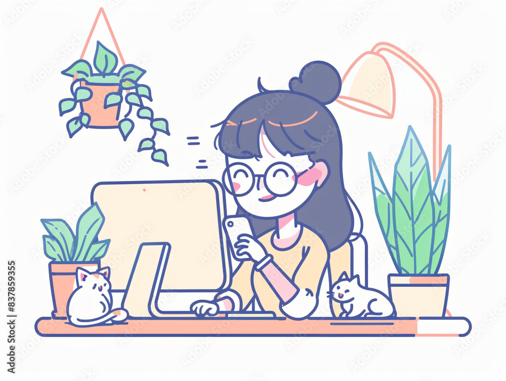 A girl with glasses is sitting at her desk, holding an phone and ...