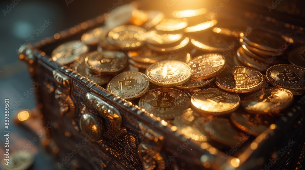 Close-up of a treasure chest with bitcoins and gold coins Close-up of a treasure chest with bitcoins and gold coins
