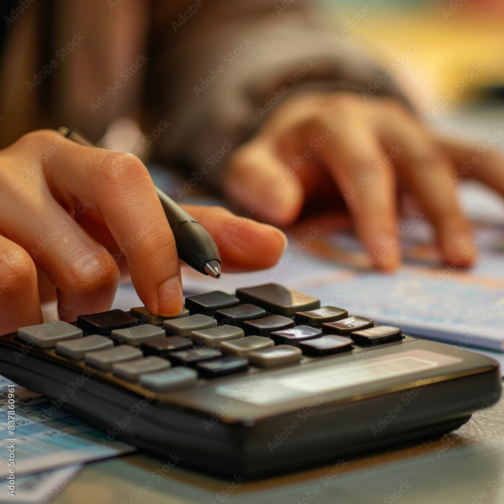 Close-up of an office clerk using a calculator with one hand while holding a pen, showcasing the importance of accuracy in financial tasks. Close-up of an office clerk using a calculator with one hand while holding a pen, showcasing the importance of accuracy in financial tasks.