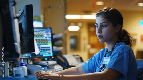Registered nurse working at a computer station in a hospital monitoring patient data photo