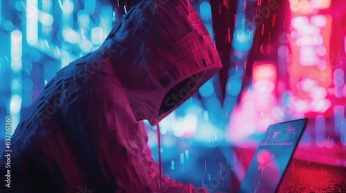 Portrait of a hooded hacker working on a laptop against a futuristic neon background photo