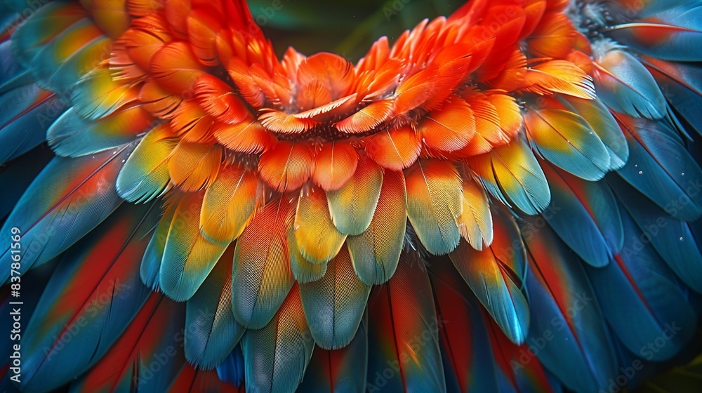 Fototapeta premium The vibrant and chaotic pattern of a tropical bird's plumage, with bright colors and intricate feather arrangements for a lively and exotic texture. shiny, Minimal and Simple,