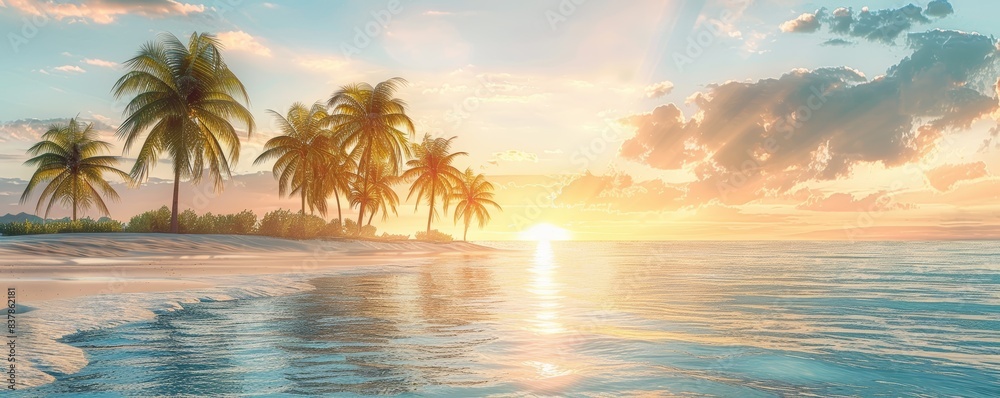 Sunset over a serene tropical beach with palm trees, illustrating a dream travel destination and wanderlust, isolated white background, copy space Sunset over a serene tropical beach with palm trees, illustrating a dream travel destination and wanderlust, isolated white background, copy space