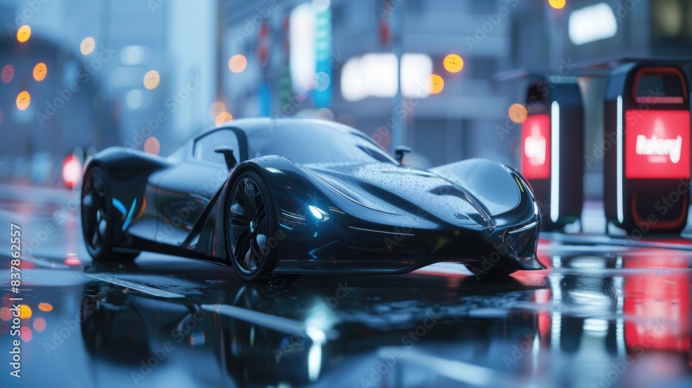 Futuristic electric sports car driving in city highway with full self driving system parked at battery charging station network infrastructure. Futuristic electric sports car driving in city highway with full self driving system parked at battery charging station network infrastructure.