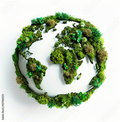 An icon of the Earth made from green moss, set against a white background. The planet is depicted as a lush and vibrant tapestry of greens, with its shape clearly defined but the details emerging in s