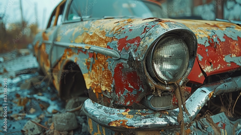 Fototapeta premium A glimpse of a deteriorating classic car. Round headlight and battered body detail of an old retro vehicle.