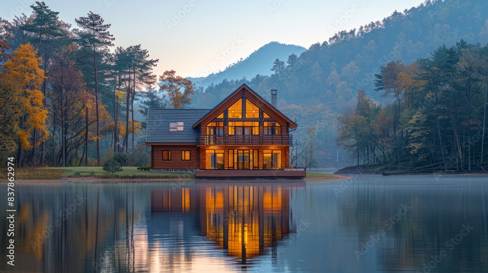 Obraz premium Nestled amidst a stunning landscape by a peaceful lake, a rustic wooden house embodies the serene beauty of rural waterside living.