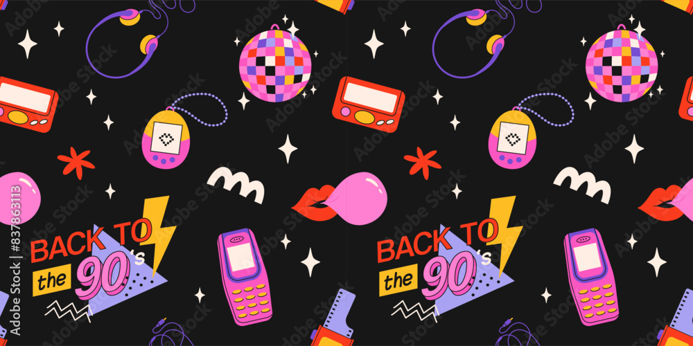 Classic 80s back to 90s elements in modern flat style. Hand drawn sticker set, vector seamless pattern. Fashion patch, badge, emblem with vintage accessories. Classic 80s back to 90s elements in modern flat style. Hand drawn sticker set, vector seamless pattern. Fashion patch, badge, emblem with vintage accessories.