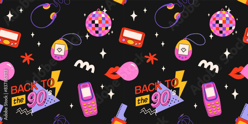 Classic 80s back to 90s elements in modern flat style. Hand drawn sticker set, vector seamless pattern. Fashion patch, badge, emblem with vintage accessories.