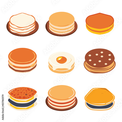 Assorted flat design pancakes vector set isolated white background. Stacks flapjacks, plain, syrup, butter, fried egg toppings cartoon. Delicious breakfast, sweet dessert collection illustration
