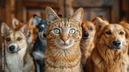 A wide-eyed cat holds a pose for the camera  while a group of intrigued dogs watch from behind  depicting heartwarming domestic animal bonding.