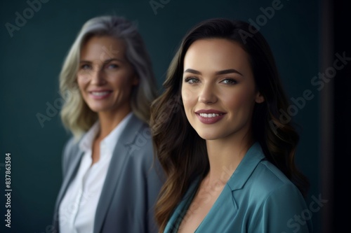 portrait of smiling young businesswoman with mature businesswoman in background