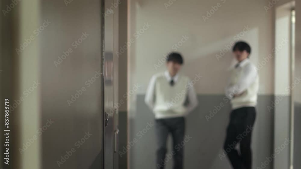 학교 복도의 친구들을 피해 돌아서는 학생 학교 복도의 친구들을 피해 돌아서는 학생