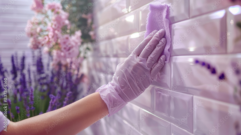 Hand in a glove scrubbing tiles with a purple cloth, flowers in background. Hand in a glove scrubbing tiles with a purple cloth, flowers in background.