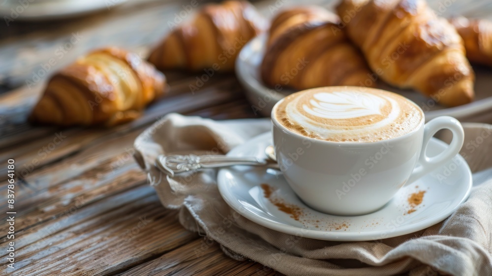 portrait of a cup of cappuccino coffee with a delicious fresh croissant on the table portrait of a cup of cappuccino coffee with a delicious fresh croissant on the table