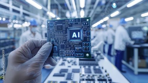 A high-tech industrial plant serves as the backdrop as an engineer holds a computer microchip, symbolic of innovative AI chip manufacturing. photo