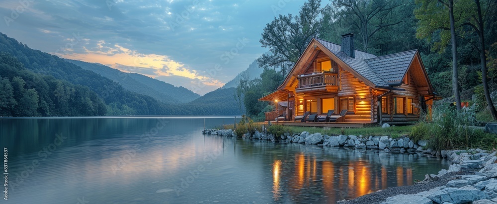 Fototapeta premium A picturesque lakeside scene features a cozy wooden house, nestled amidst stunning natural beauty, epitomizing idyllic and serene country living.