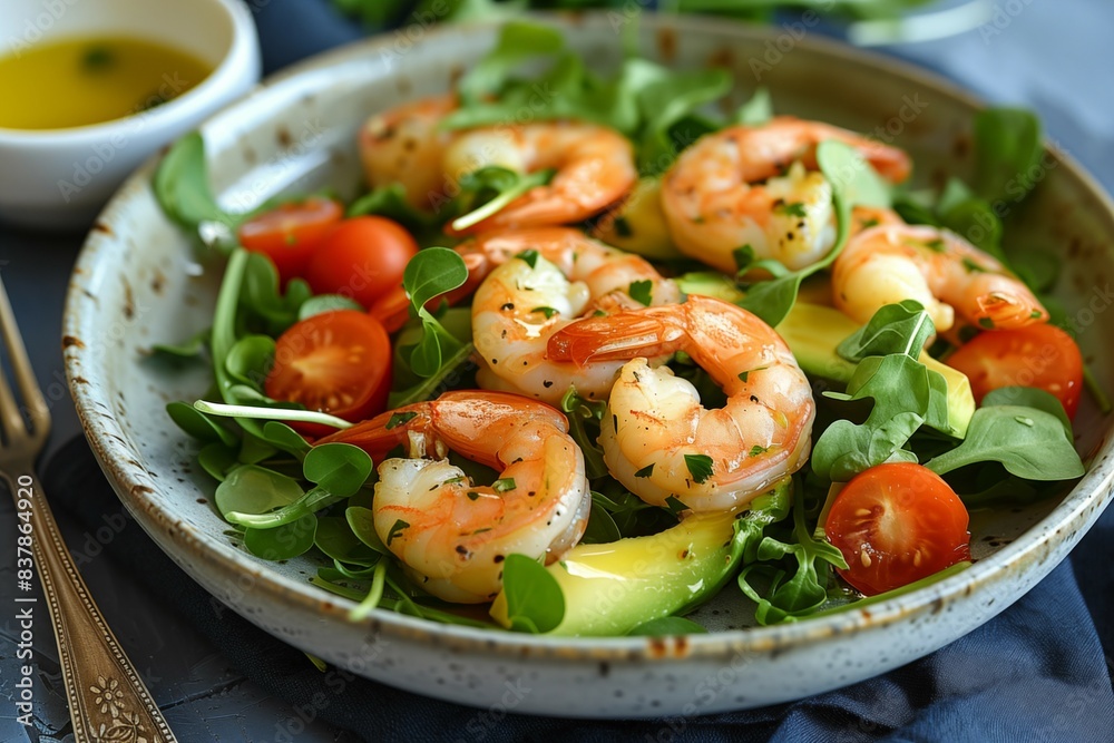 Salad with shrimp, lettuce, tomatoes on a large platter close-up on the restaurant table Salad with shrimp, lettuce, tomatoes on a large platter close-up on the restaurant table