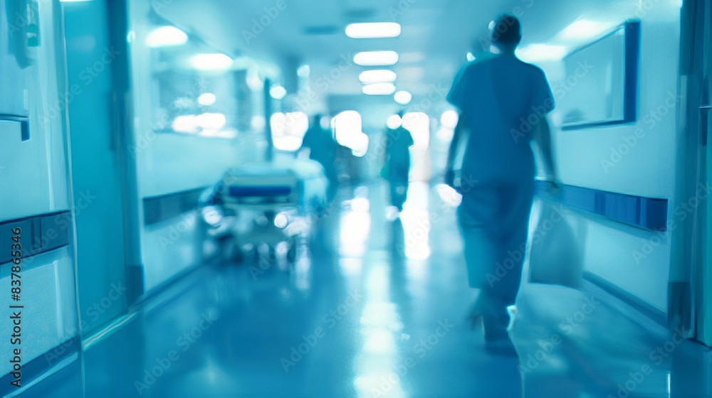 Blurred hospital hallway with medical staff. Busy hospital hallway with blurred medical professionals and a patient on a gurney, evoking a sense of urgency and care. Blurred hospital hallway with medical staff. Busy hospital hallway with blurred medical professionals and a patient on a gurney, evoking a sense of urgency and care.