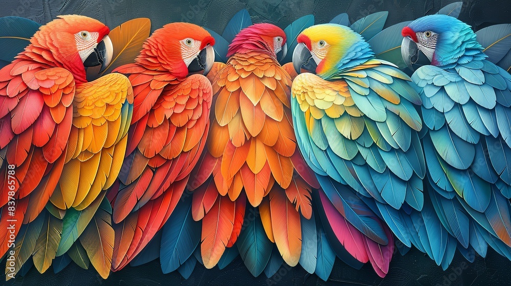 Fototapeta premium Artistic depiction of parrot feathers, featuring their vibrant, multi-colored hues and intricate patterns, perfect for a lively and exotic background. shiny, Minimal and Simple,