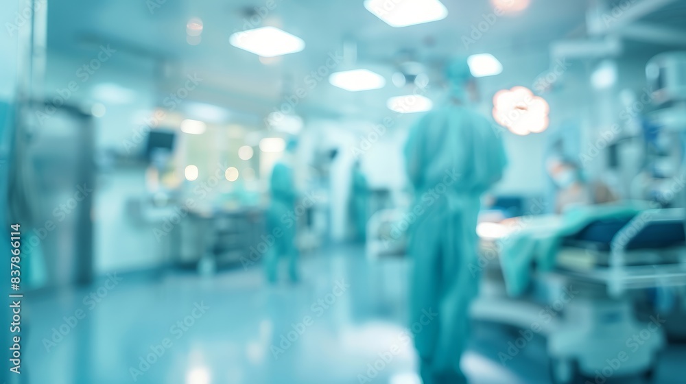 Blurred hospital operating room background. Blurred background of surgeons and nurses working in a busy operating room, conveying a sense of urgency and medical precision.