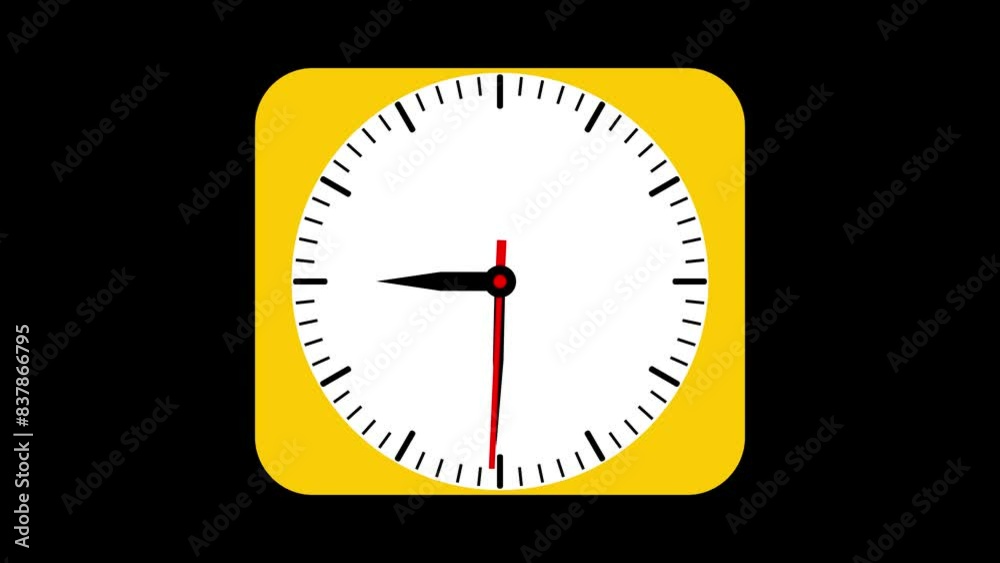 Analog clock icon with moving arrows animation on a black background.