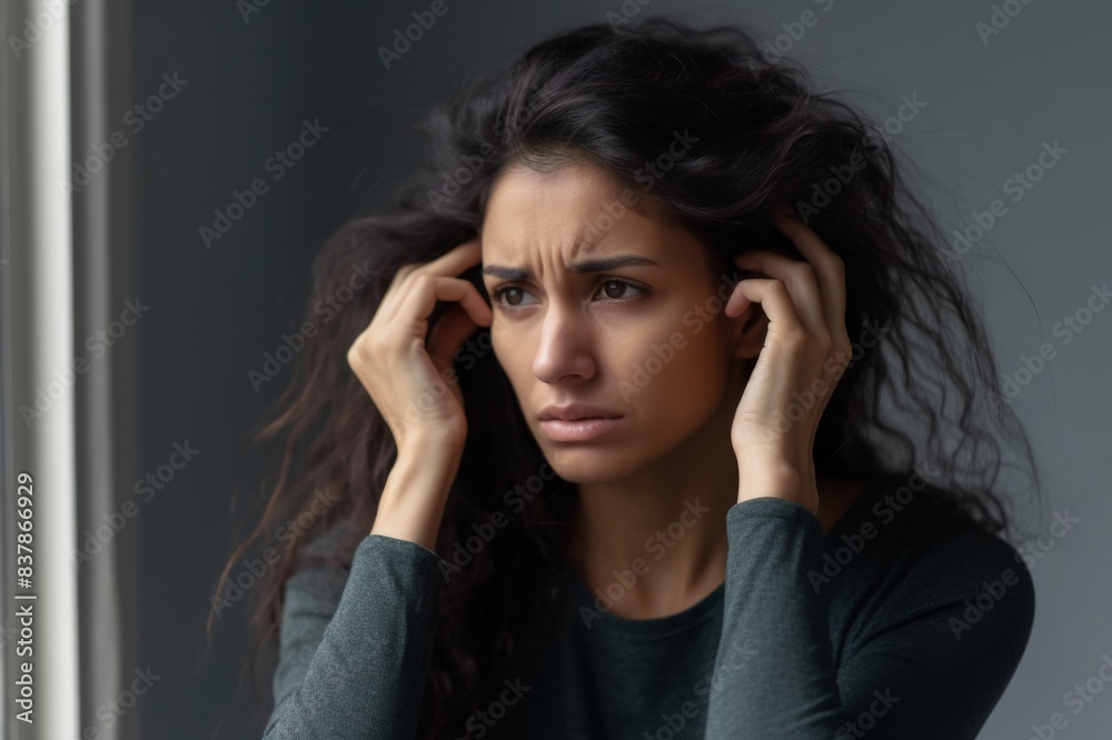 Stressed young hispanic woman suffering from negative thoughts Stressed young hispanic woman suffering from negative thoughts