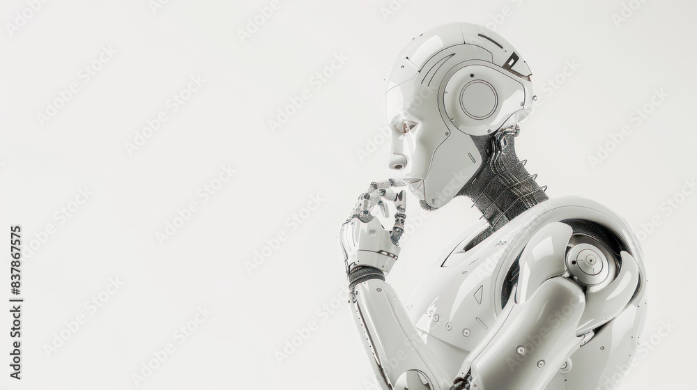 AI Robot pose is thinking about something on white background AI Robot pose is thinking about something on white background