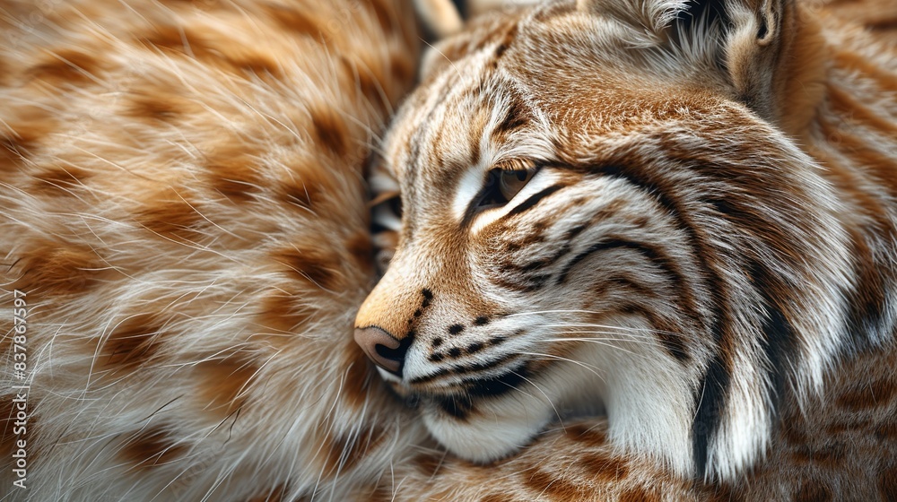 Fototapeta premium Artistic depiction of lynx fur, featuring its unique spotted pattern and soft texture, creating a dynamic and natural background. shiny, Minimal and Simple,