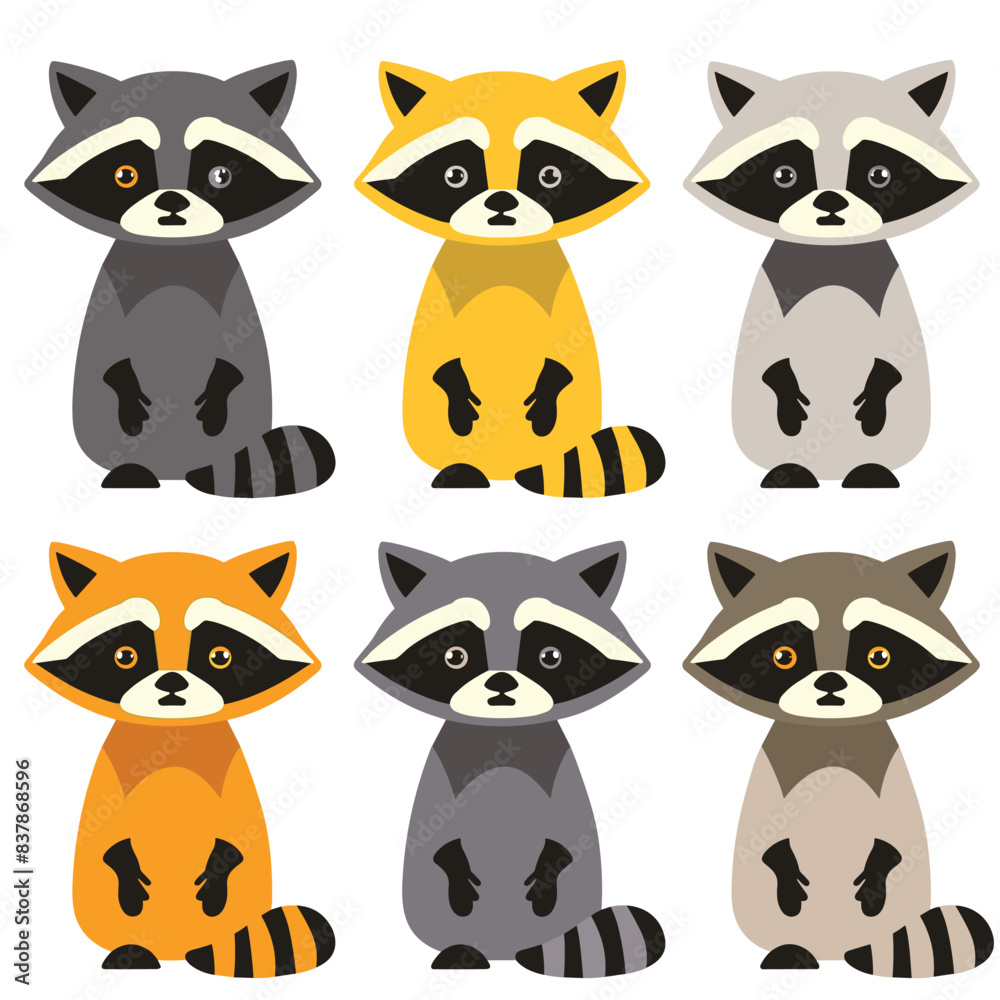 Fototapeta premium Six cartoon raccoons different fur colors expressions. Cute raccoon illustrations sitting, looking sad curious. Collection playful raccoon characters, perfect childrens book